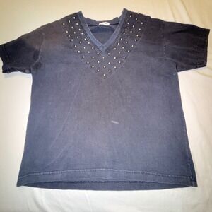 Neiman Marcus Studded V-Neck T-Shirt Women Large Black Good Vintage 90s USA Made